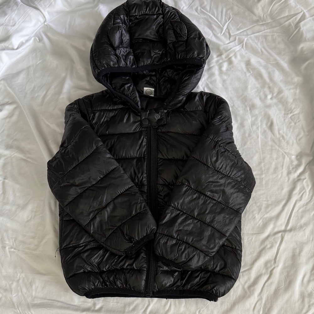 Kids Black Puffer Jacket with bear ears on hood
